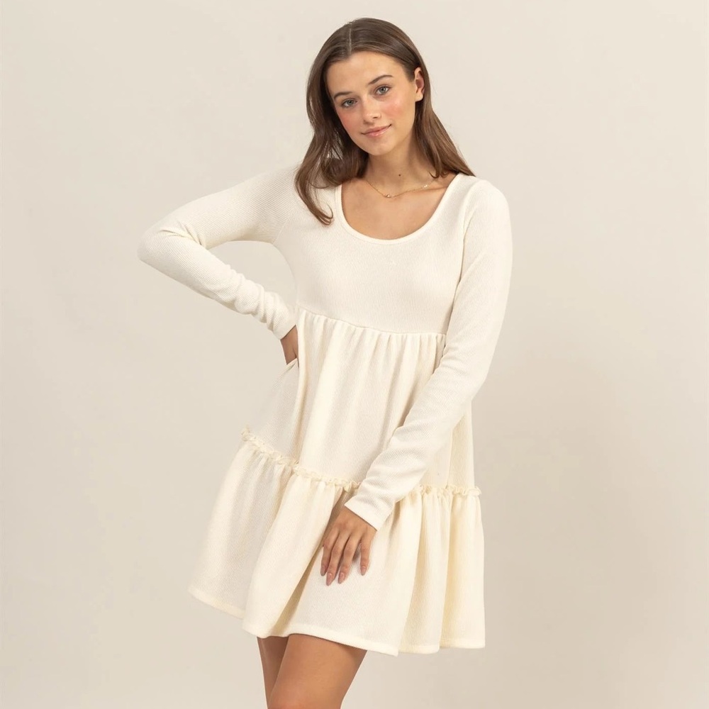 Anthropologie ⚜️ Maeve Cream Tiered Long Sleeve 100% Cotton Mini Dress